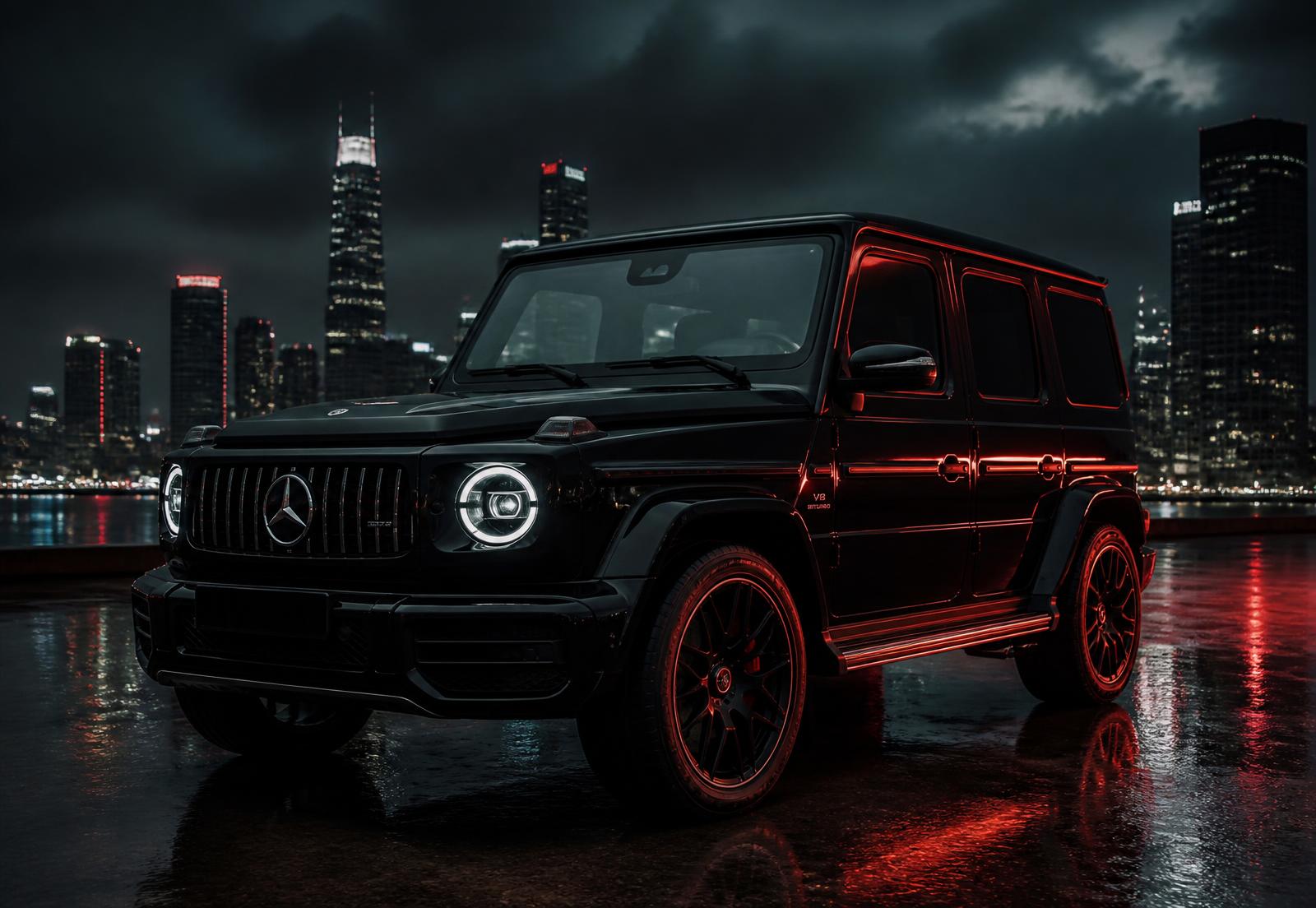 SUV noir de luxe sur route mouillée devant une skyline nocturne